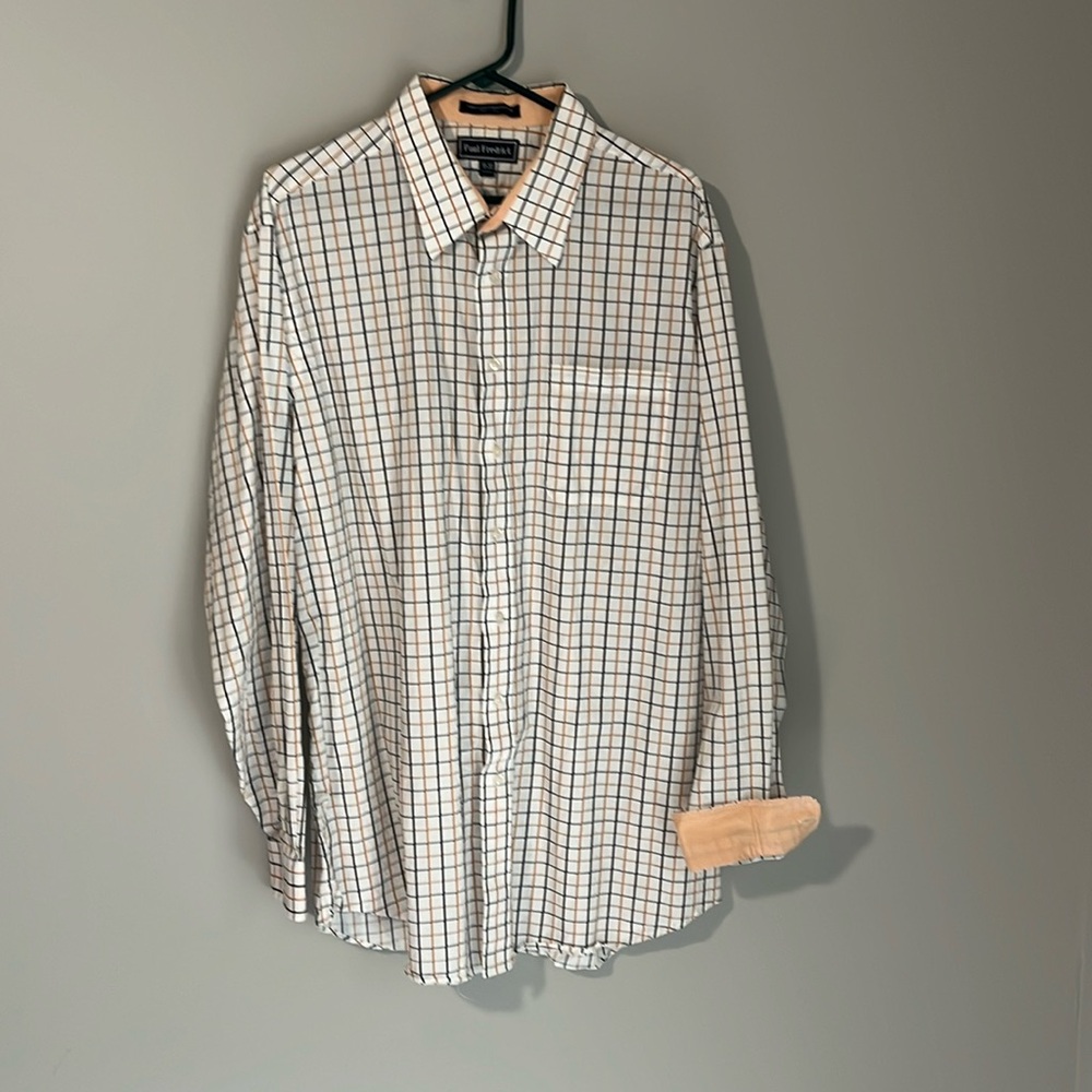Paul Fredrick Long Staple Cotton Dress shirt. White w/ orange & black check. 18